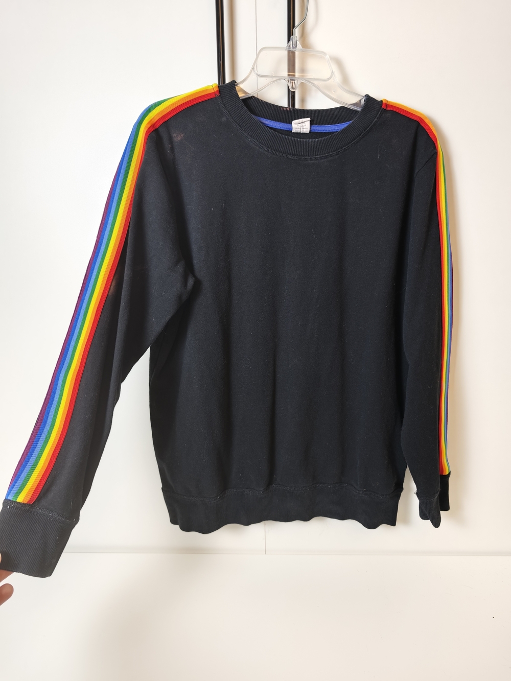 TomboyX Black Crewneck Sweatshirt with Rainbow Sleeve Stripes